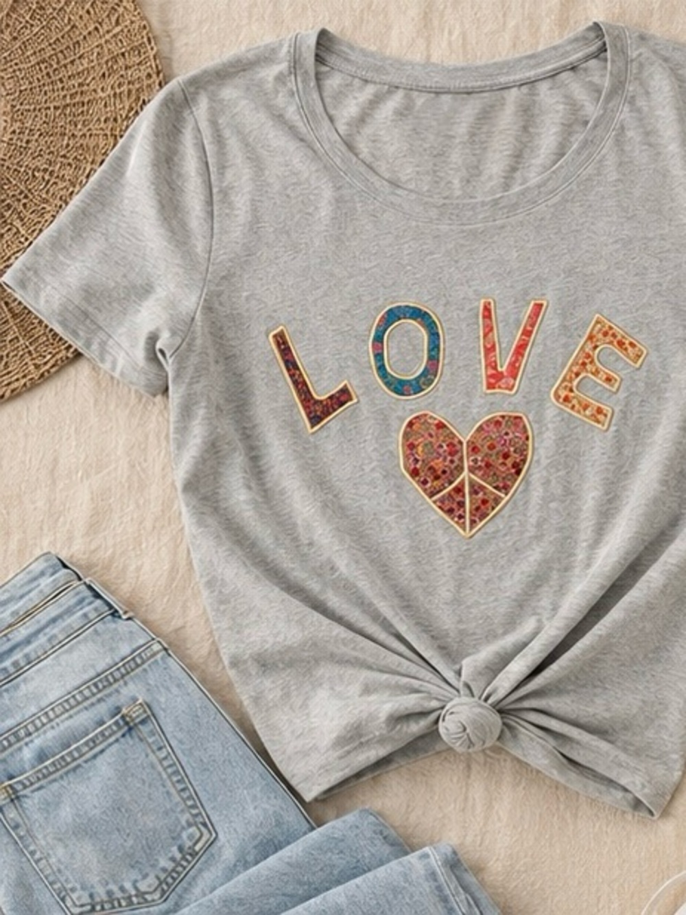 Natural Life LOVE Peace Heart Patch Work Tee Gray Small NWT - Picture 4 of 5